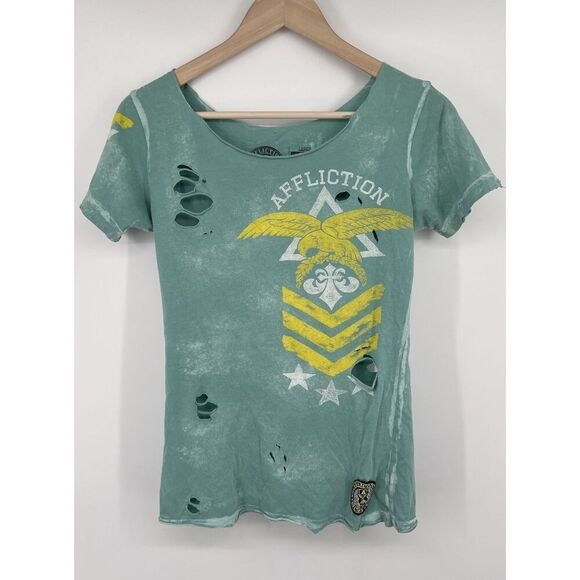 Affliction Womens Size Large Distressed Teal Blue Top Eagle Biker Tatoo - Picture 1 of 5
